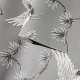 WMGL2170601 Taupe akan gray cream beige cranes floral branches faux fabric texture wallpaper