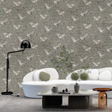 WMGL2170601 Taupe akan gray cream beige cranes floral branches faux fabric texture wallpaper