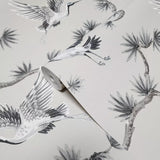 WMGL2170801 Akan Skipping Tan cream cranes floral branches faux fabric textured wallpaper 3D