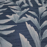 WMGL2180201 Floral tossed leaves faux grasscloth textured dark navy blue vinyl wallpaper 3D