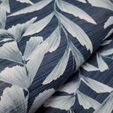 WMGL2180201 Floral tossed leaves faux grasscloth textured dark navy blue vinyl wallpaper 3D