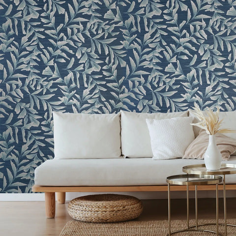 WMGL2180201 Floral tossed leaves faux grasscloth textured dark navy blue vinyl wallpaper 3D