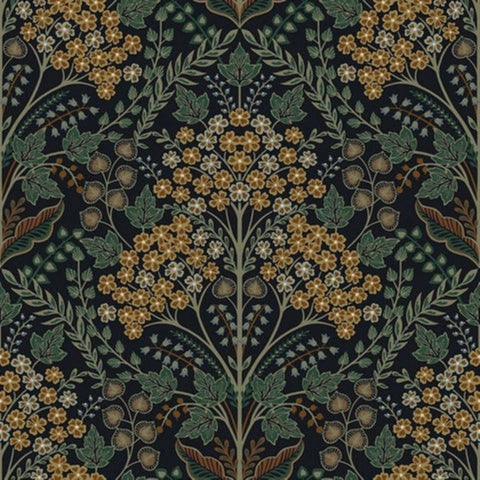 WMTJ4000601 Floral Winkworth Espresso leaves botanical blossom black olive yellow Wallpaper