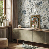 WMTJ4110801 Floral Kew Mocha Leaf Vine leaves botanical blue olive green beige Wallpaper 3D