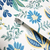 WMTJ4111201 Floral Kew Multi Leaf Vine leaves botanical blue green yellow white Wallpaper 3D