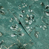 Z10905 Teal green gold distressed fish scale plaster textured floral branches Wallpaper