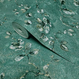 Z10905 Teal green gold distressed fish scale plaster textured floral branches Wallpaper