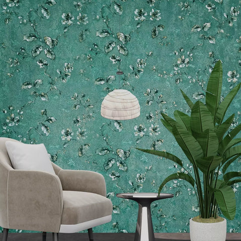 Z10905 Teal green gold distressed fish scale plaster textured floral branches Wallpaper