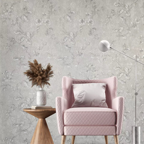 Z10909 Grayish pearl distressed fish scale plaster textured floral branches Wallpaper