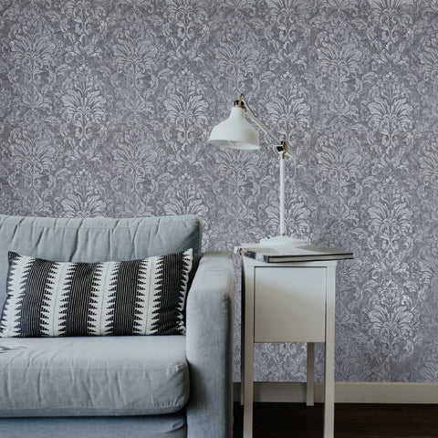 Z10919 Embossed Dark Gray silver metallic plaster textured Victorian damask Wallpaper
