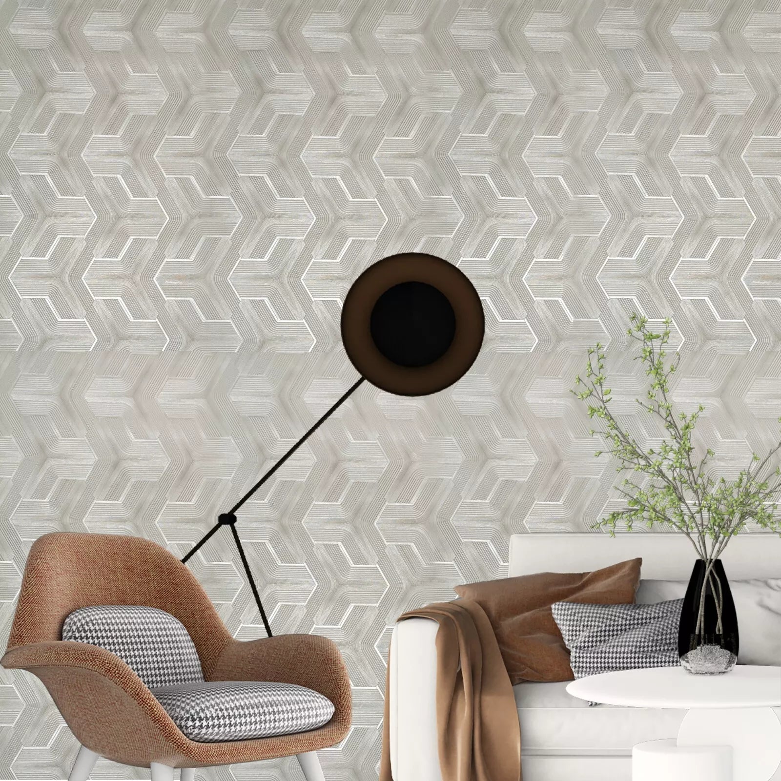 Z12807 Tannish taupe gray faux fabric urus trellis line