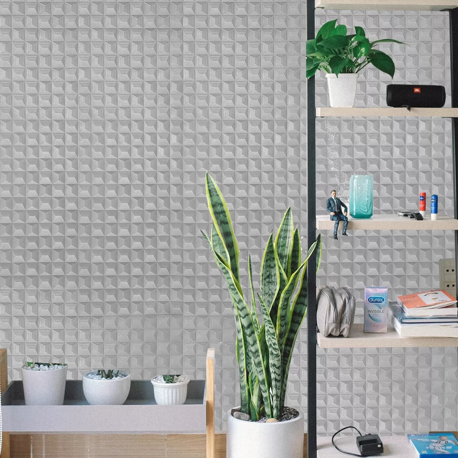 Z15522 Light gray silver metallic 3 D illusion dimensional square text wallcoveringsmart