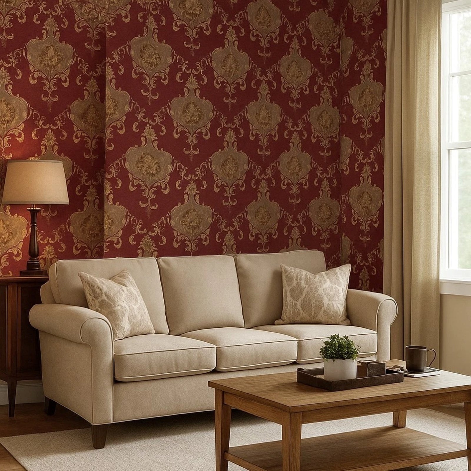 Z20140 Burgundy red beige gold metallic Victorian damask faux