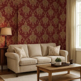 Z20140 Burgundy red beige gold metallic Victorian damask faux fabric textured Wallpaper