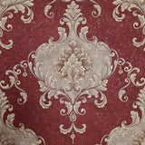Z20140 Burgundy red beige gold metallic Victorian damask faux fabric textured Wallpaper