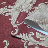 Z20140 Burgundy red beige gold metallic Victorian damask faux fabric textured Wallpaper