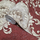 Z20140 Burgundy red beige gold metallic Victorian damask faux fabric textured Wallpaper