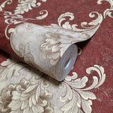 Z20140 Burgundy red beige gold metallic Victorian damask faux fabric textured Wallpaper