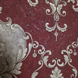 Z20140 Burgundy red beige gold metallic Victorian damask faux fabric textured Wallpaper
