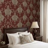 Z20140 Burgundy red beige gold metallic Victorian damask faux fabric textured Wallpaper