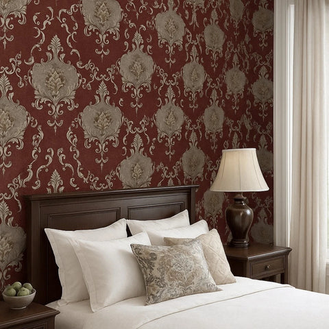Z20140 Burgundy red beige gold metallic Victorian damask faux fabric textured Wallpaper