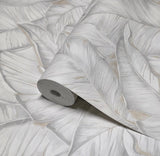 Z30301 Tropical banana palm Leaves ivory off white Cream botanical textured wallpaper