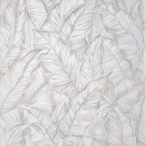 Z30301 Tropical banana palm Leaves ivory off white Cream botanical textured wallpaper