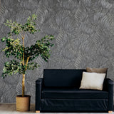 Z34908 Embossed feather-like motif Layered leaf dark gray gold heavy textured wallpaper
