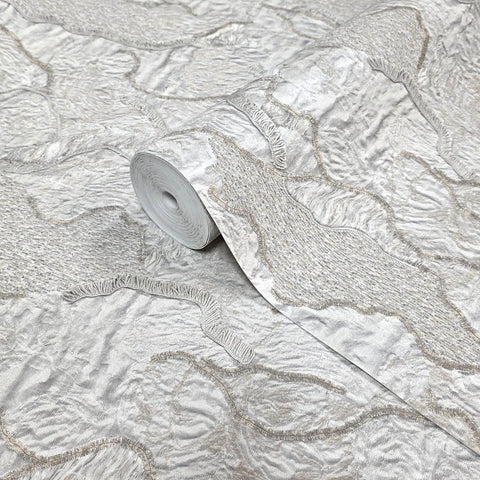 Z34909 Embossed light gray tan brass gold heavy textured faux stitched fabric wallpaper
