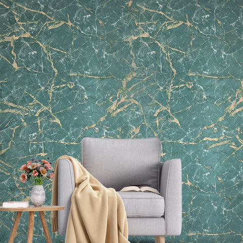 Z34920 Teal green gold brass metallic faux marble stone plaster textured Wallpaper roll