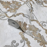 Z34933 Off white cream brass metallic faux plaster textured Victorian damask Wallpaper