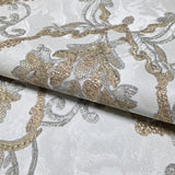 Z34933 Off white cream brass metallic faux plaster textured Victorian damask Wallpaper