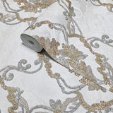 Z34933 Off white cream brass metallic faux plaster textured Victorian damask Wallpaper