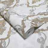 Z34933 Off white cream brass metallic faux plaster textured Victorian damask Wallpaper