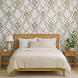 Z34933 Off white cream brass metallic faux plaster textured Victorian damask Wallpaper