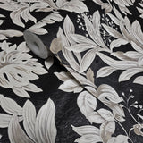 Z46047 Shimmer charcoal black beige Faux Silk Fabric Textured floral leaves Wallpaper
