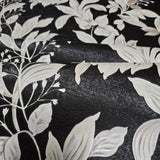 Z46047 Shimmer charcoal black beige Faux Silk Fabric Textured floral leaves Wallpaper
