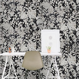 Z46047 Shimmer charcoal black beige Faux Silk Fabric Textured floral leaves Wallpaper
