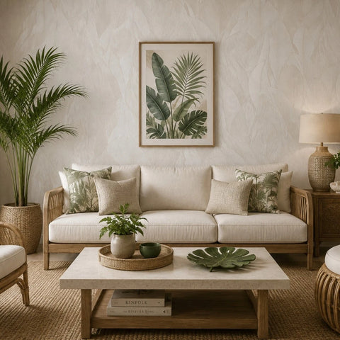 Z57704 Tropical soft botanical large leaves Beige cream Faux plaster textured Wallpaper