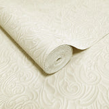 Z64808 Embossed leaf damask heavy textured faux fabric ivory beige cream wallpaper roll
