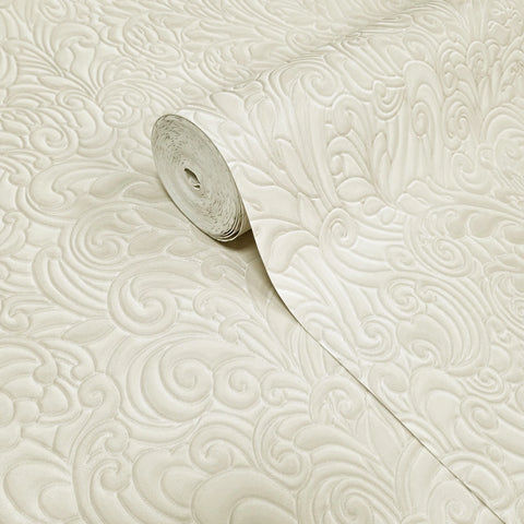 Z64808 Embossed leaf damask heavy textured faux fabric ivory beige cream wallpaper roll
