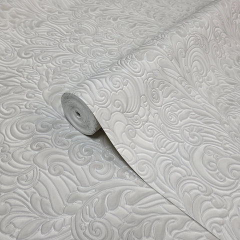 Z64811 Embossed leaf damask heavy textured faux fabric grayish tan off white wallpaper

