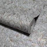 Z64819 Gray silver bronze floral acanthus leaves damask faux textured plaster wallpaper
