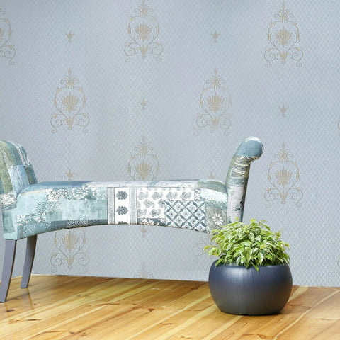 Z72022 Blue brass bronze metallic small diamonds textured Victorian damask Wallpaper 3D
