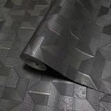 Z81001 Bold angular Geometric charcoal black gold metallic lines textured geo wallpaper