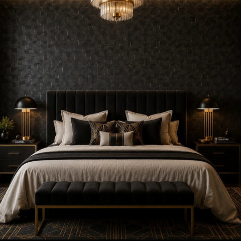 Z81001 Bold angular Geometric charcoal black gold metallic lines textured geo wallpaper