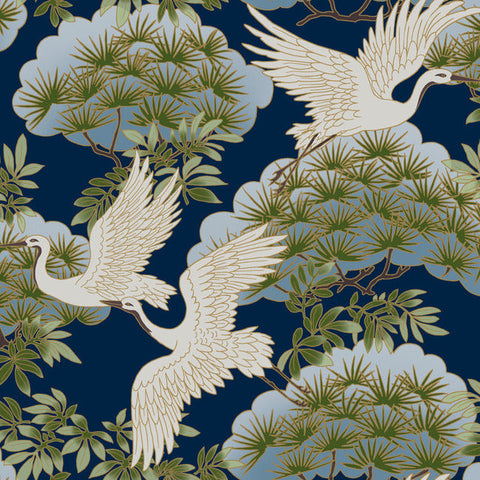 ZA8007 Sprig and Heron Navy Wallpaper