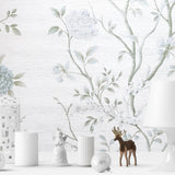 WM8801901 Ivory cream faux grasscloth textured blue flowers floral tree wallpaper - wallcoveringsmart