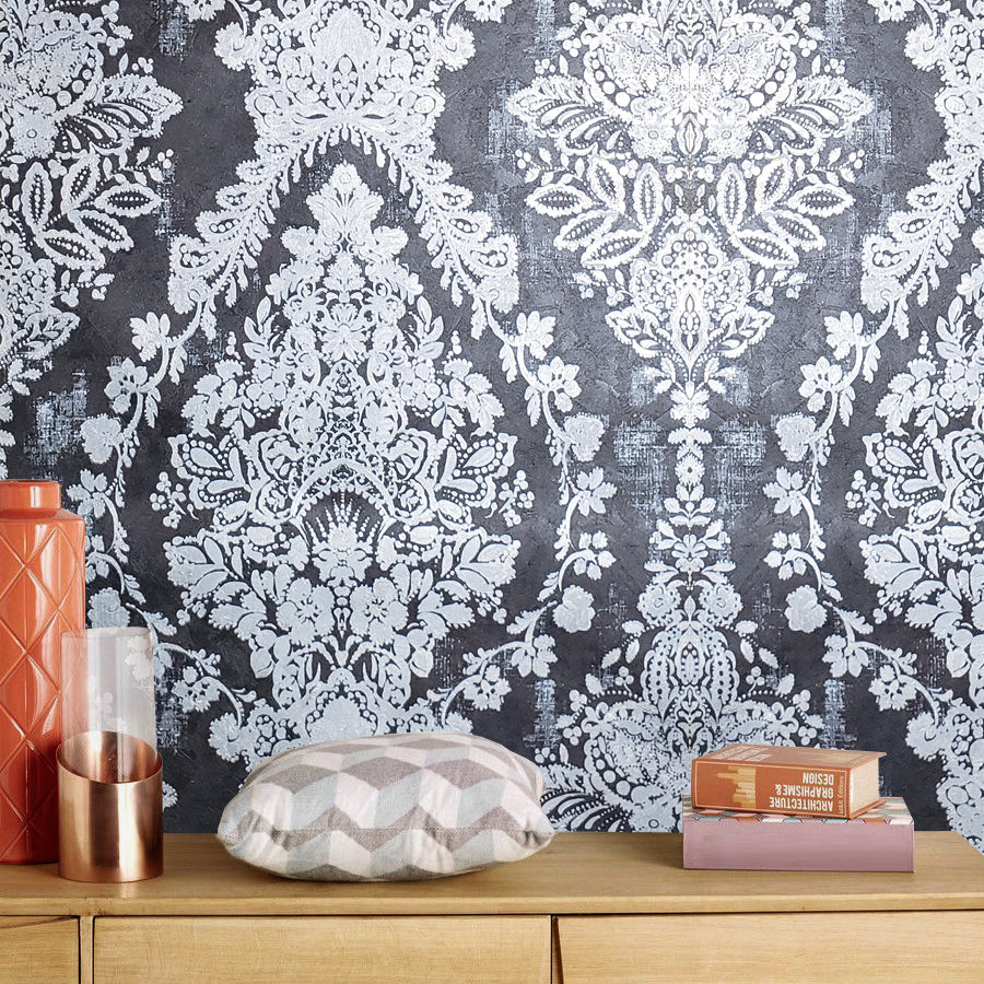 76007 Textured Wallpaper Black Silver Metallic rust vintage damask ...