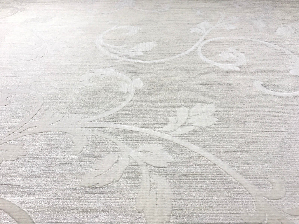 175011 Off White Ivory Flock Velvet Flocked Damask Wallpaper